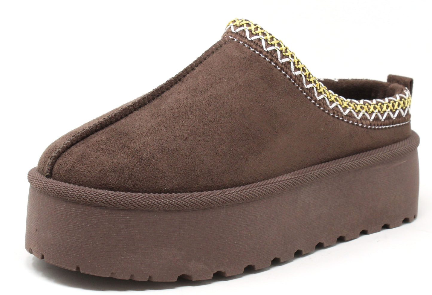 Brown slip-on shoe with a decorative yellow and white trim on a white background