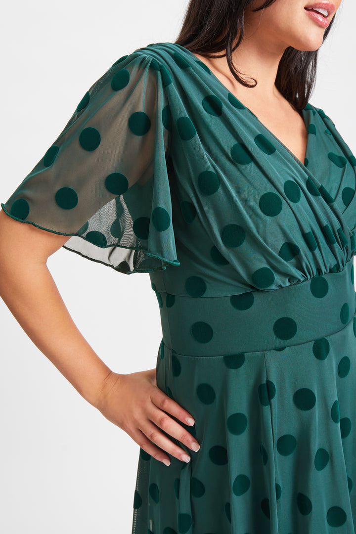 Victoria Dark Green Velvet Mesh Long Midi Dress