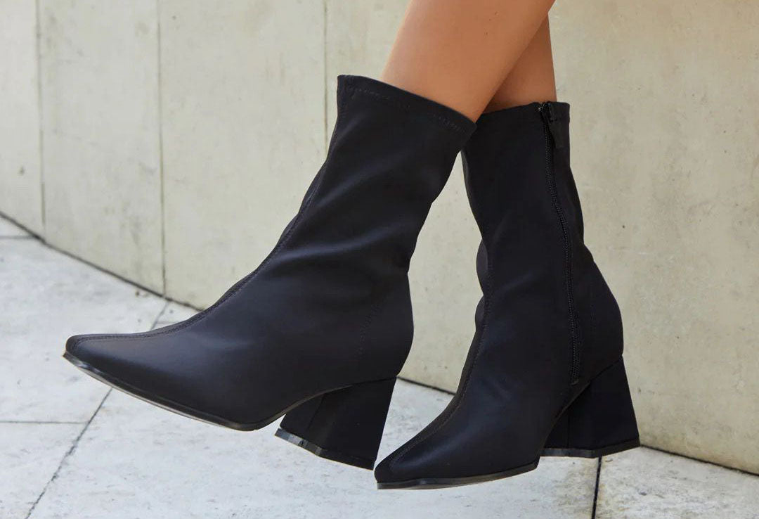 Scuba material sock boot with block heel