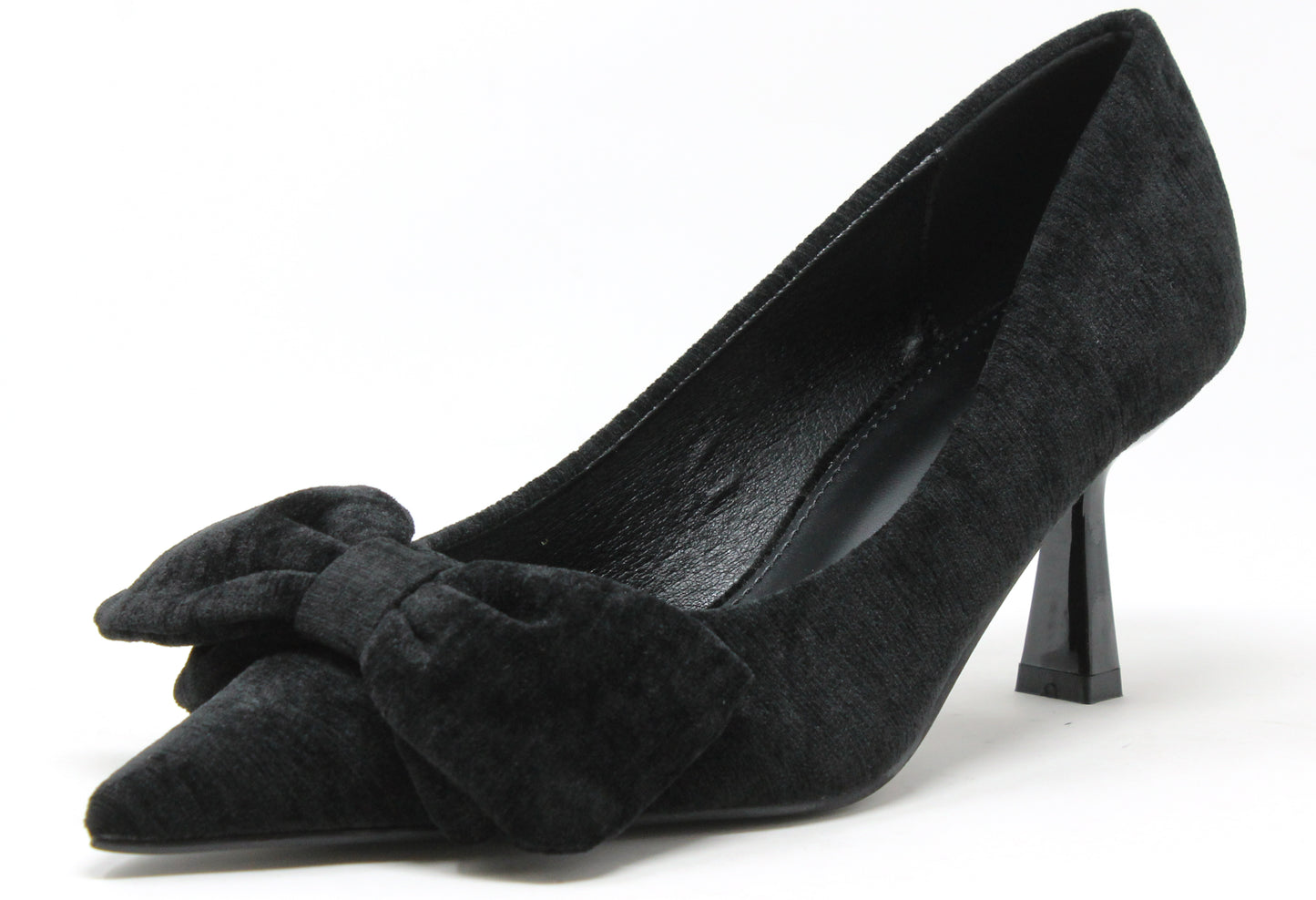 Black suede high heel shoe with a bow on a white background