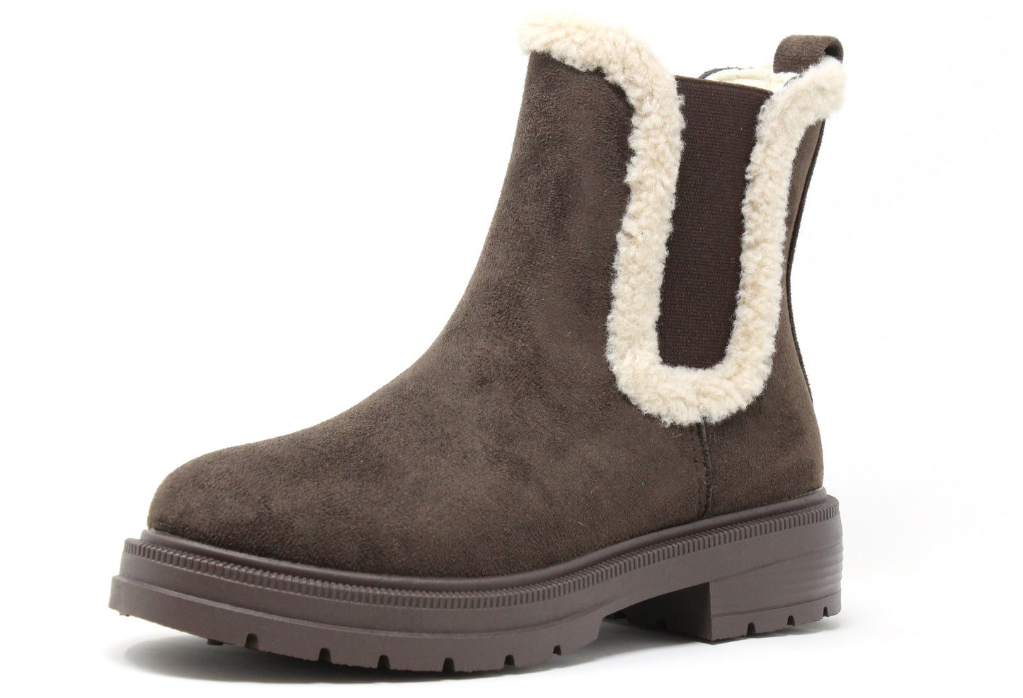 Chocolate brown Chelsea boots with a white teddy trim detail