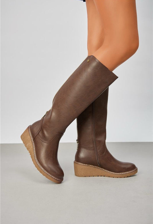 wedged knee high boot in coffee brown. with side zip closure. 