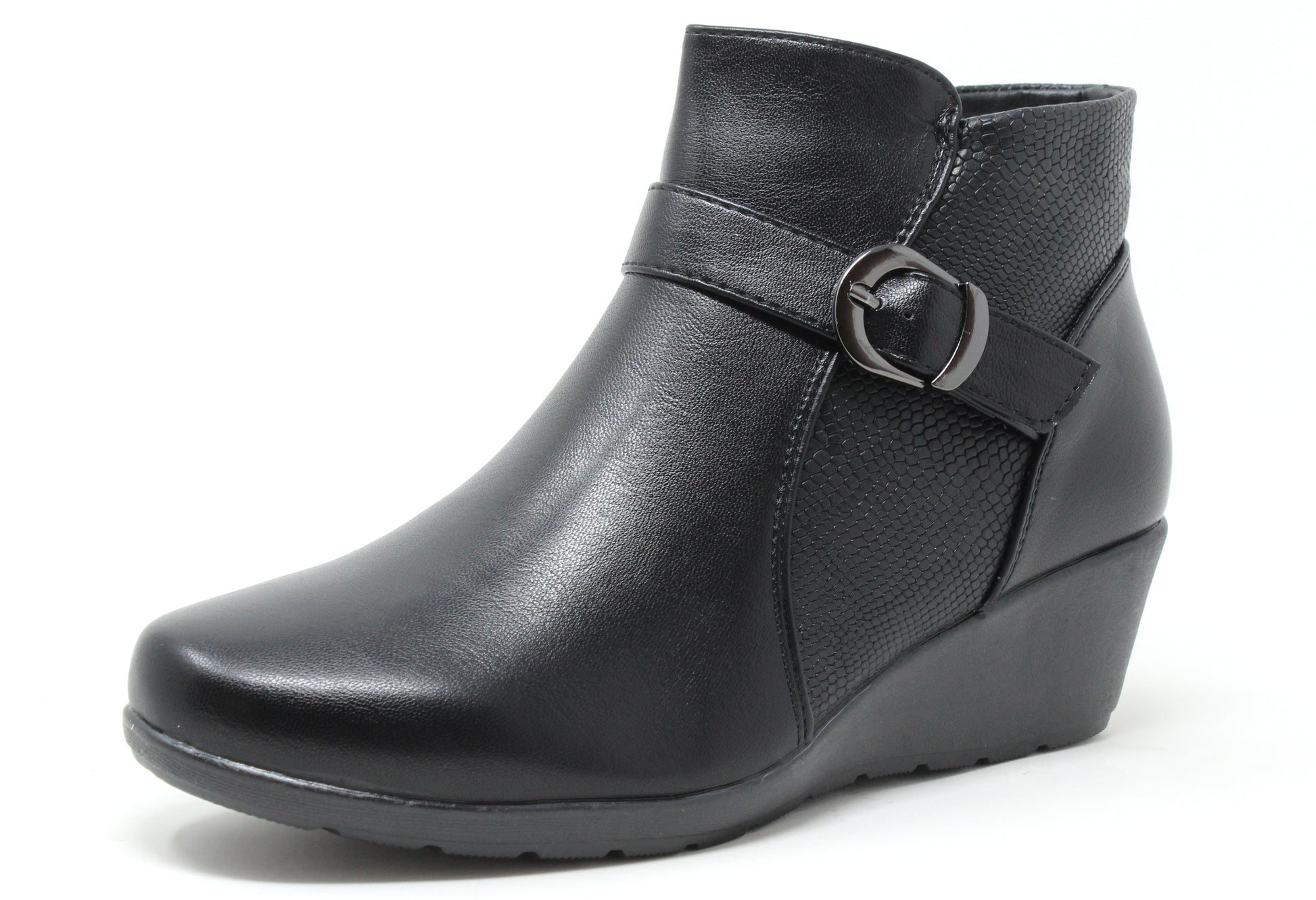 lightweight wedge boot with buckle detail on a white background