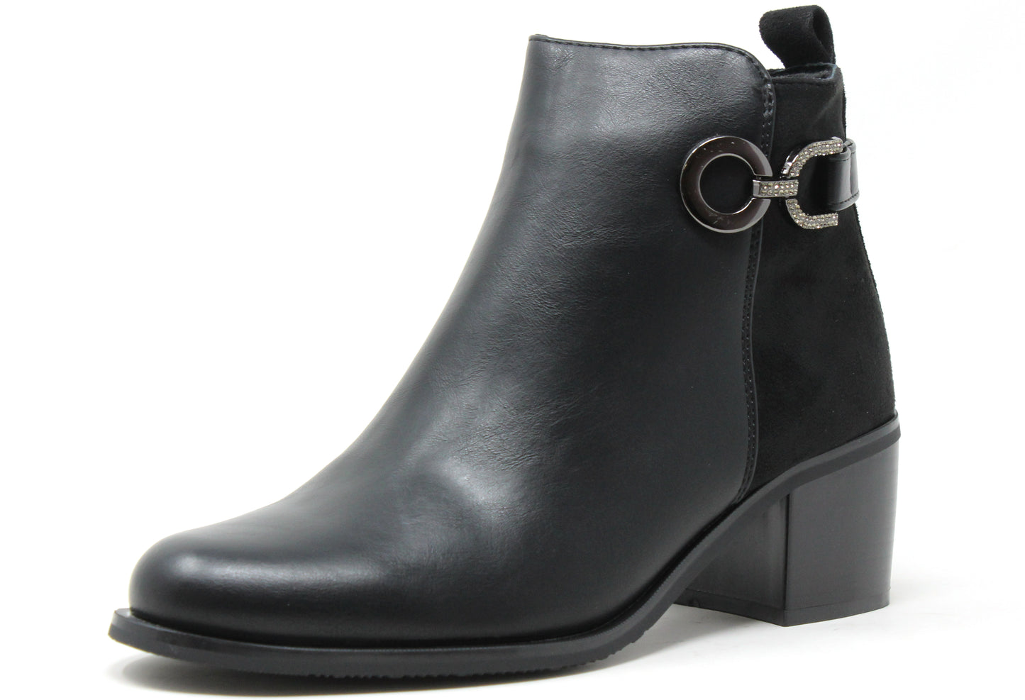 Black leather ankle boot with a decorative buckle on a white background