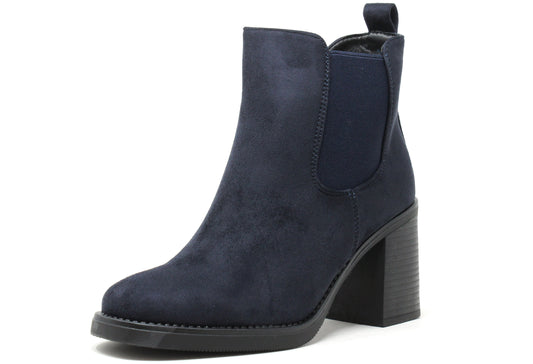 Navy blue ankle boot with a block heel on a white background