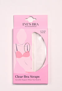 Packaging of clear bra straps with pink accents and Eve's Bra Accessories branding.