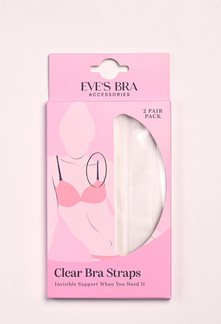 Packaging of clear bra straps with pink accents and Eve's Bra Accessories branding.