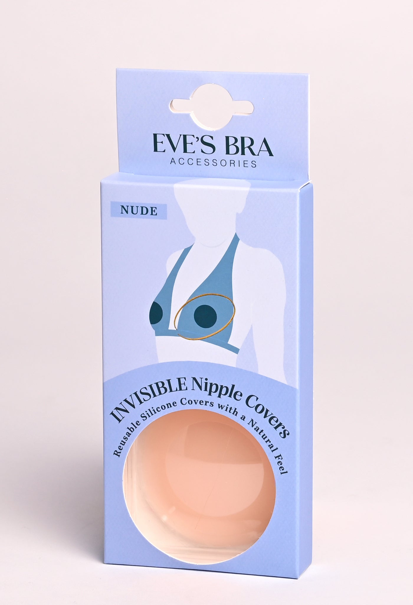 Eve's Bra Accessories Invisible Nipple Covers packaging on a light pink background
