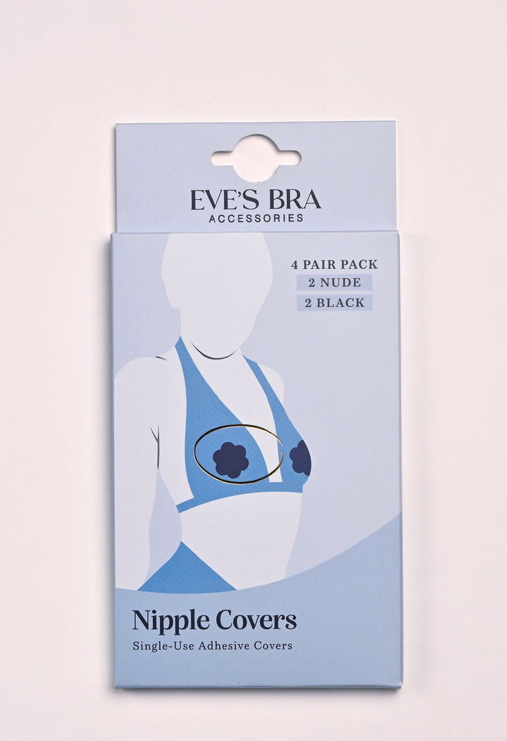 Pack of Eves Bra Accessories nipple covers with packaging design on a light pink background