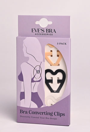 Packaging of Eve's Bra accessories with bra converting clips on a light purple background
