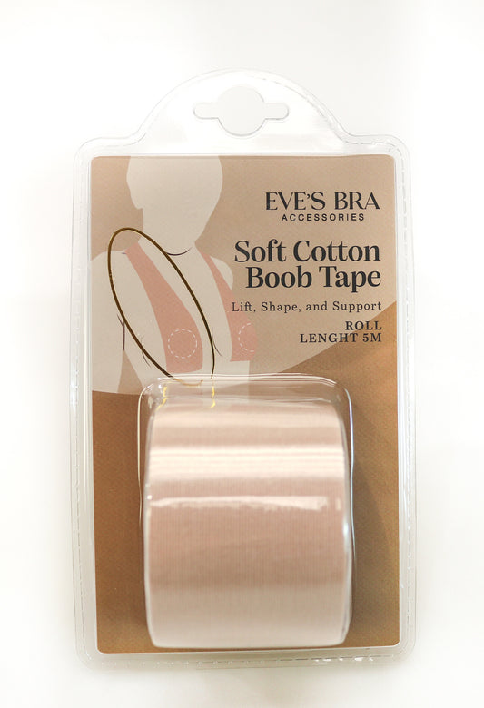 Packaged soft cotton boob tape with Eve's Bra Accessories branding on a white background