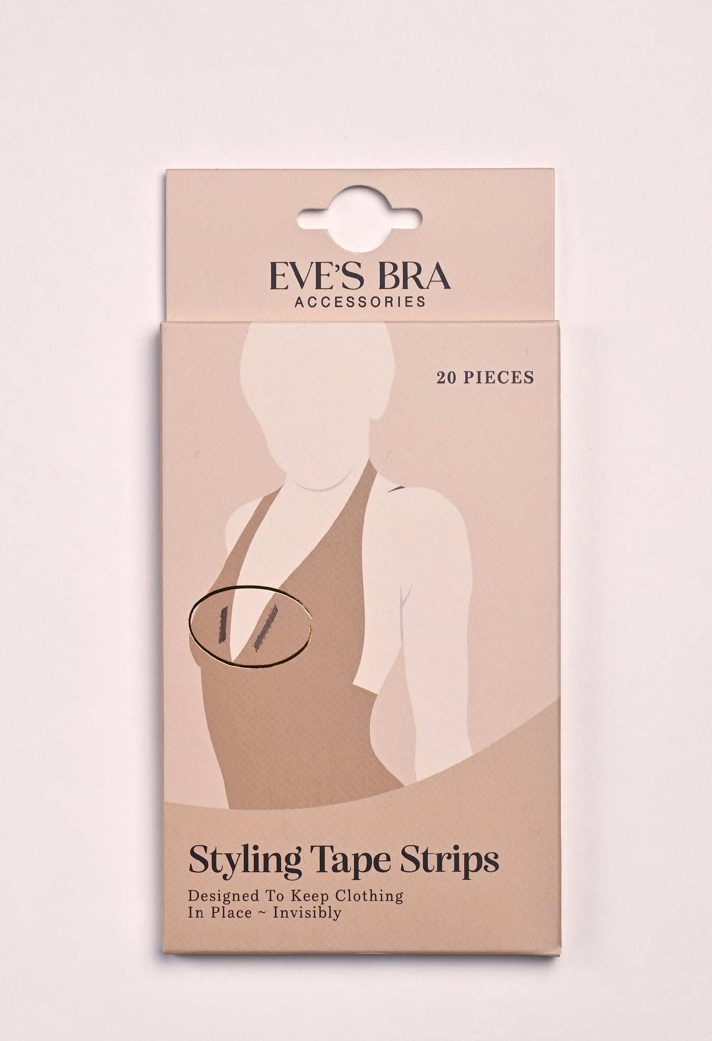 Packaging of Eves Bra Accessories Styling Tape Strips on a light pink background