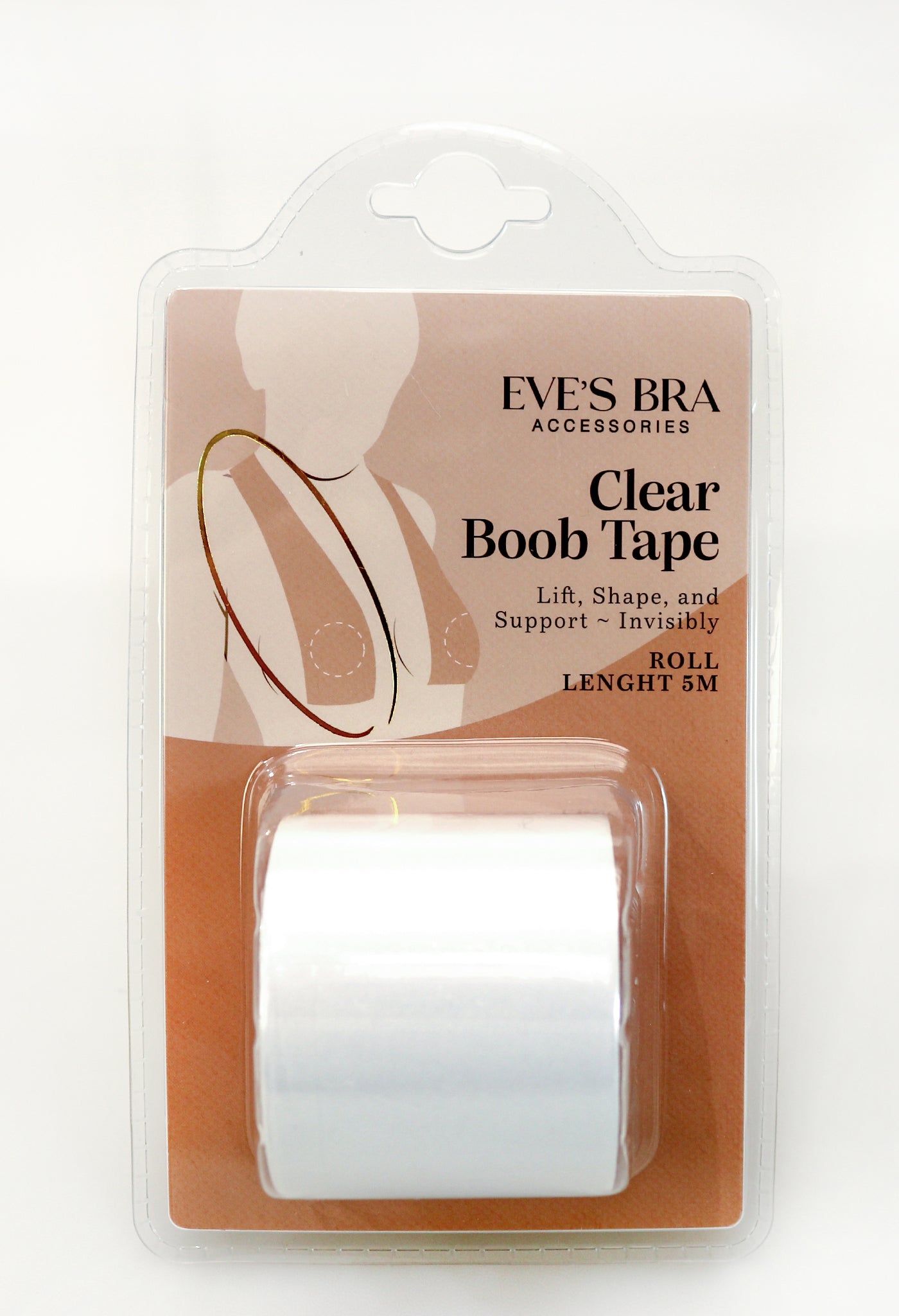Clear boob tape packaging with branding on a white background