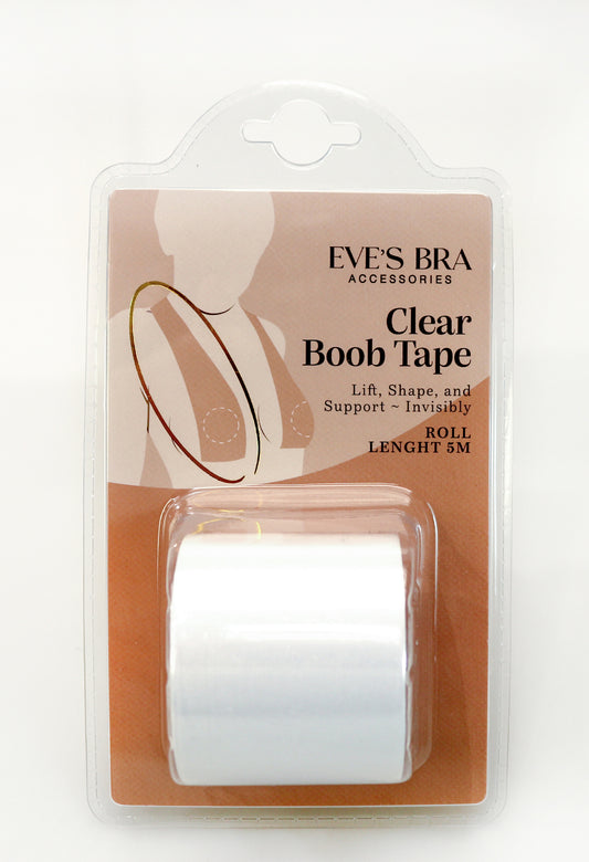 Clear boob tape packaging with branding on a white background