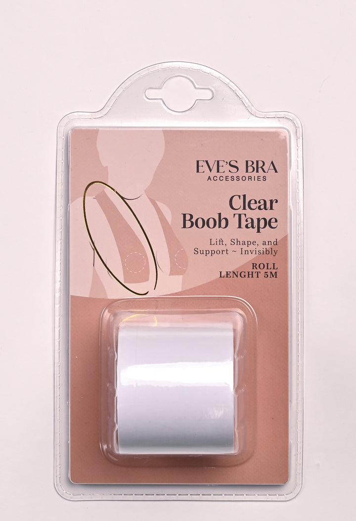 Packaged clear boob tape with Eve's Bra Accessories branding on a light pink background