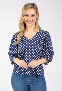 polka dot top in navy