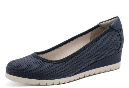 navy wedge ballerina shoe on a white background