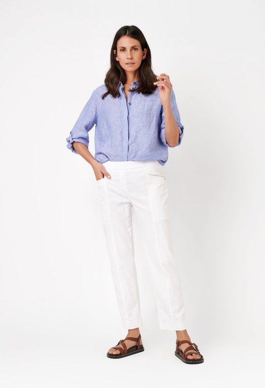 woman wearing light blue denim joggers