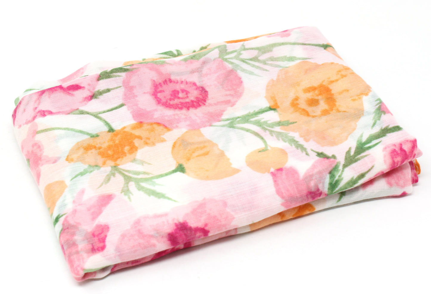 Floral-patterned blanket with pink, orange, and green flowers on a white background