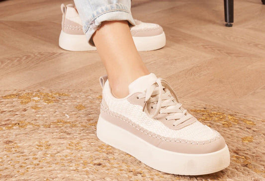 Straw crochet detail platform trainer