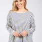 Woman wearing a striped long-sleeve top on a white background
