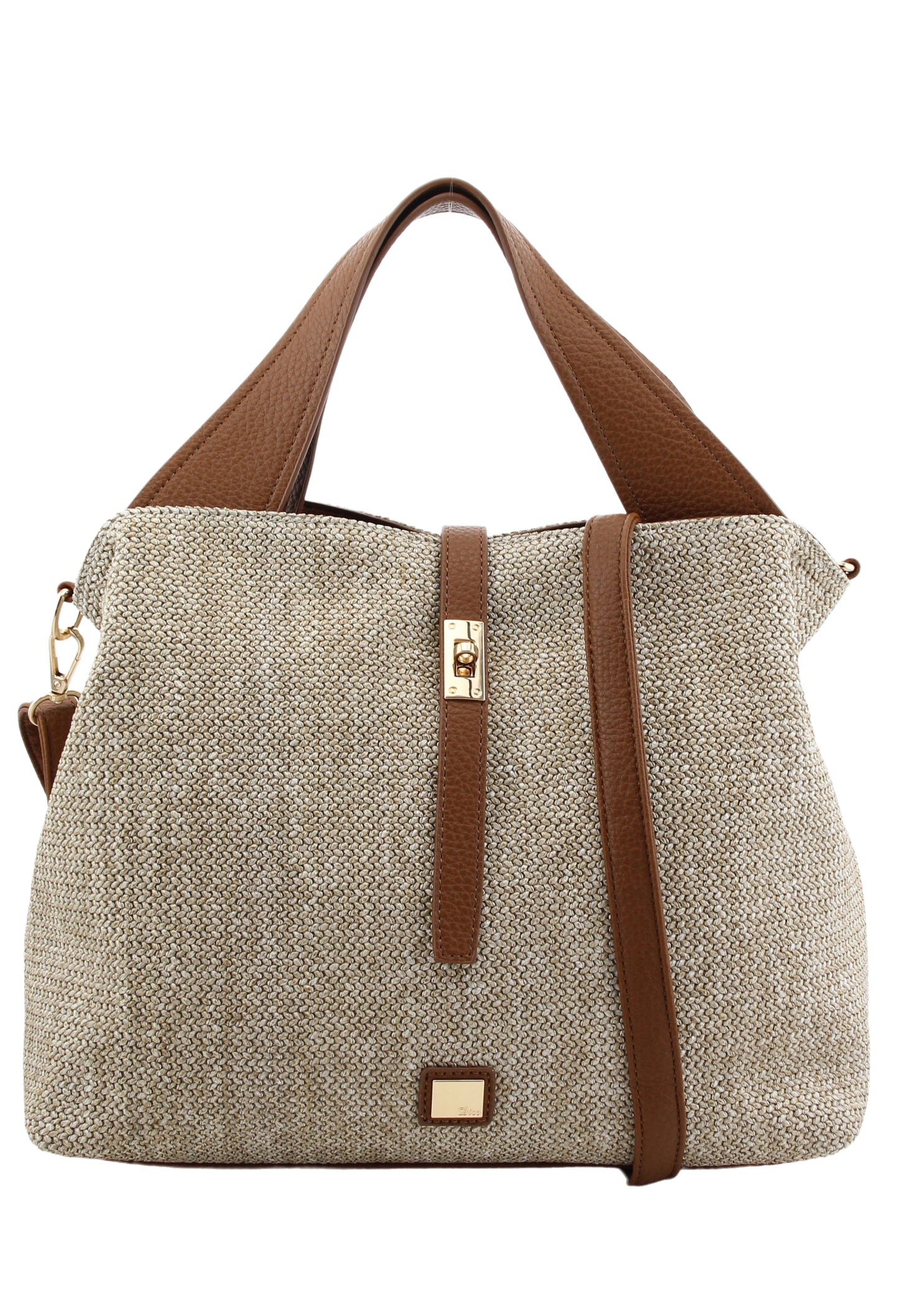 Beige handbag with brown straps on a white background