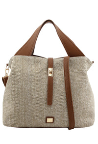 Beige handbag with brown straps on a white background