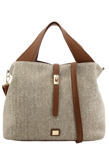 Beige handbag with brown straps on a white background