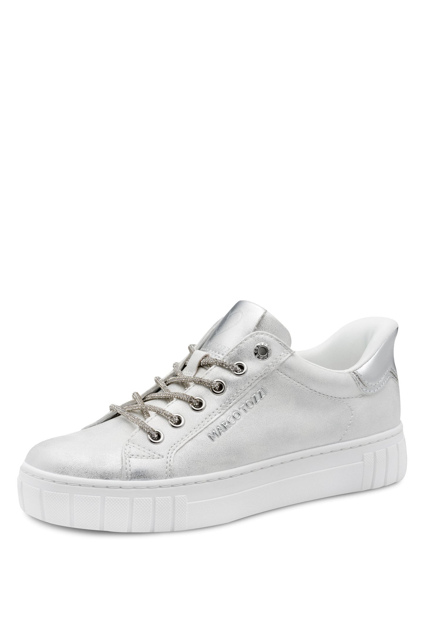 White sneaker with brand logo on a white background