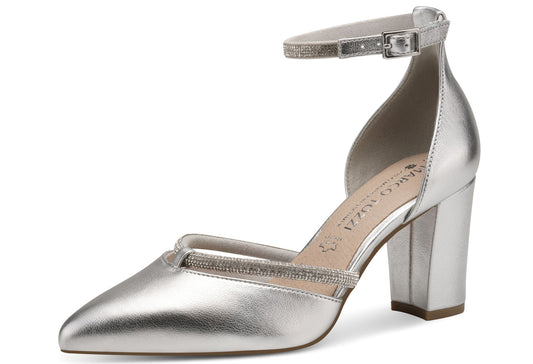 Silver high-heeled shoe on a white background