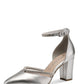 Silver high-heeled shoe with ankle strap on a white background