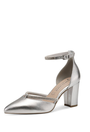 Silver high-heeled shoe with ankle strap on a white background
