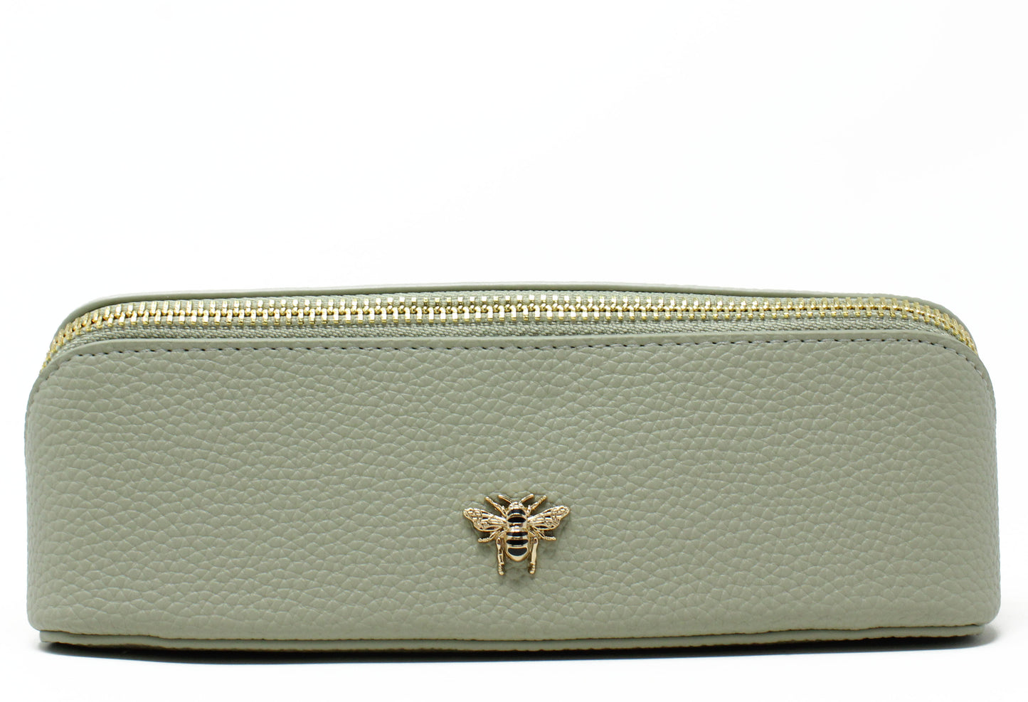 Light green make up bag with a gold zipper and bee emblem on a white background