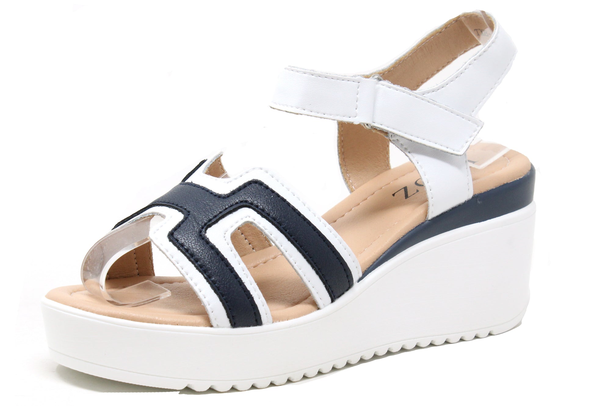 white and navy wedge