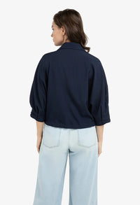 Blouse jacket with adjustable waistband and pockets