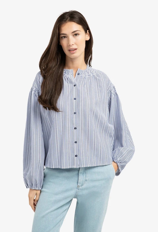 Striped blouse with shirred details at the shoulders
