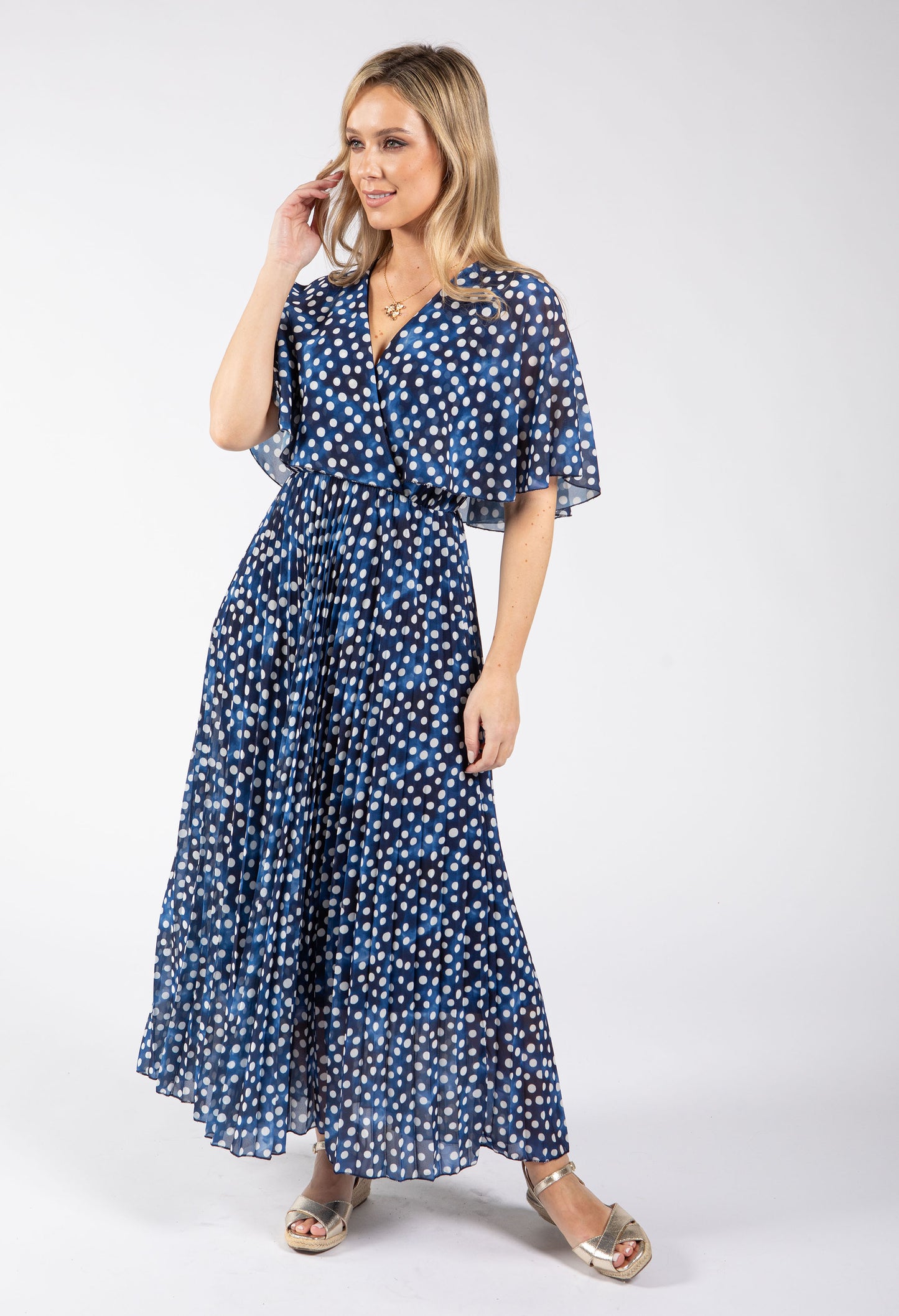 Polka Dot Plisse Pleated Wrap Midi Dress