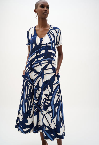 navy abstract print midi dress