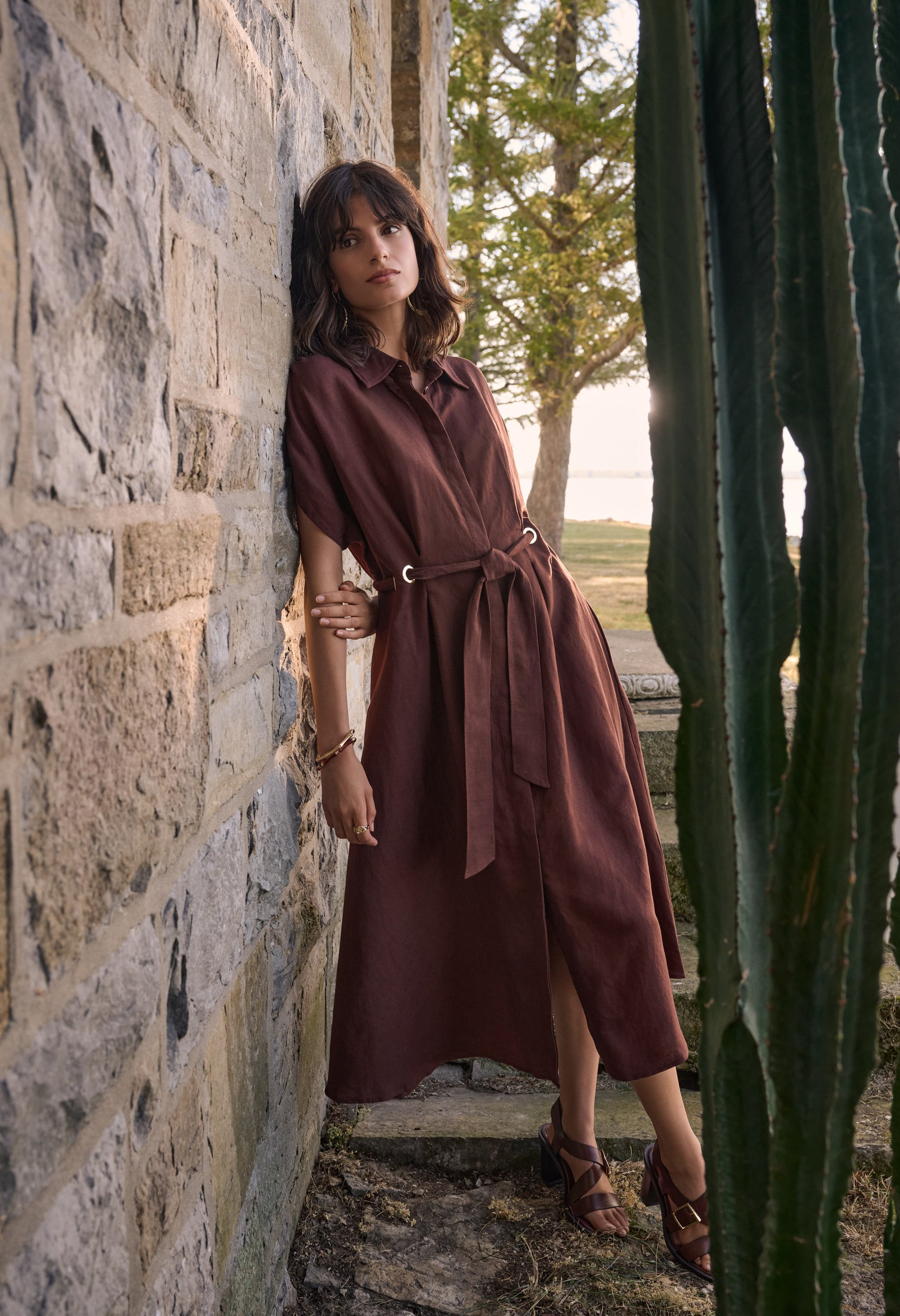 Woman in a brown dress standing against a stone wall with cacti in the foreground