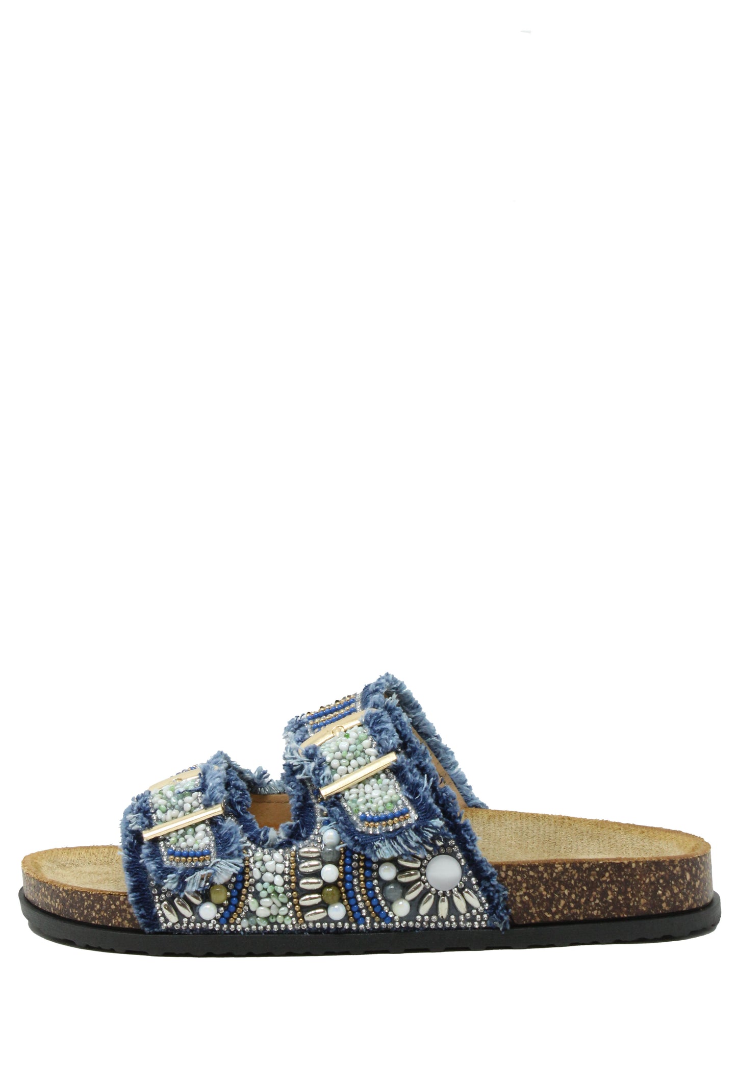 Denim Beaded Double Strap Sandal