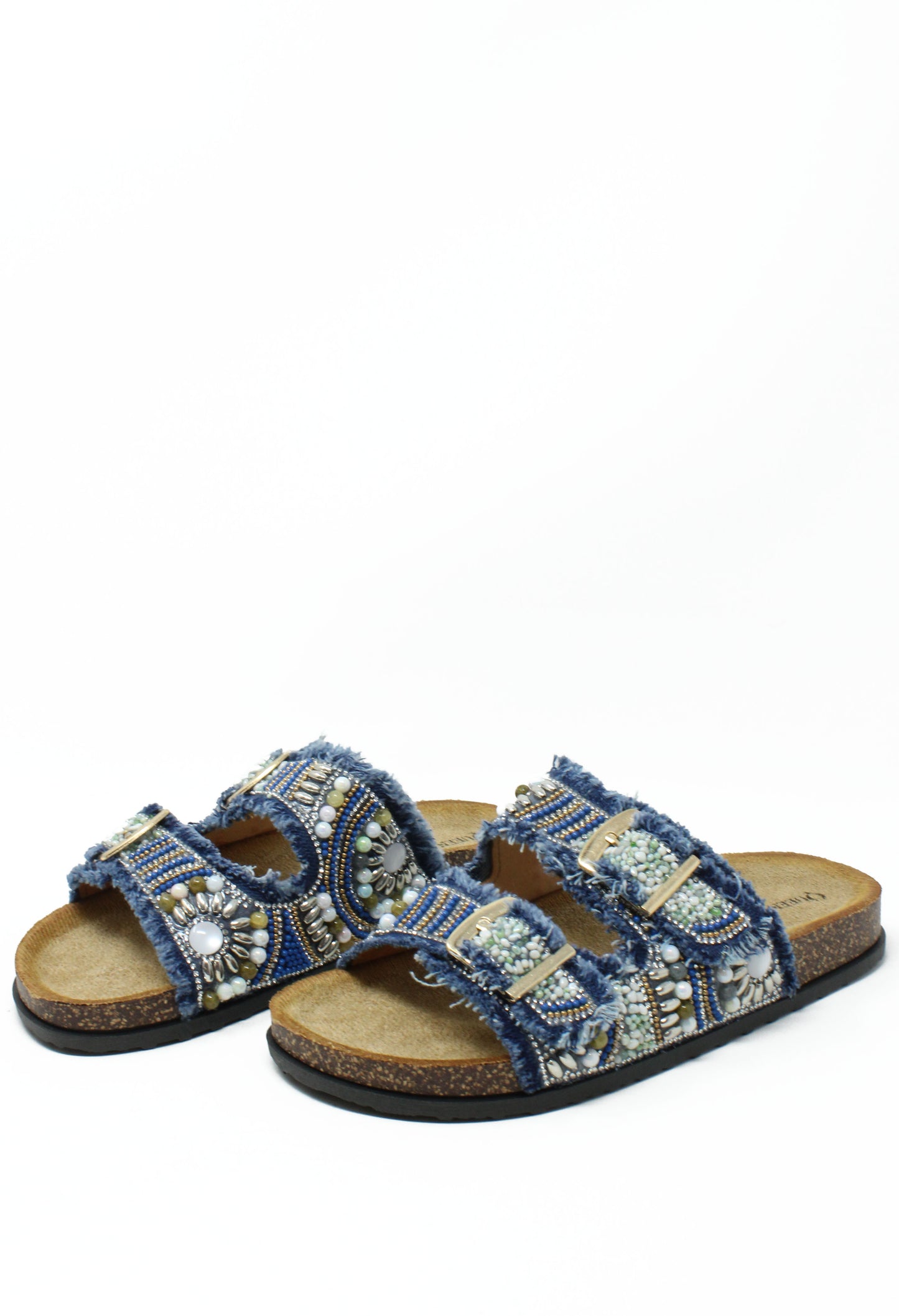 Denim Beaded Double Strap Sandal