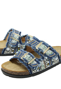 Denim Beaded Double Strap Sandal