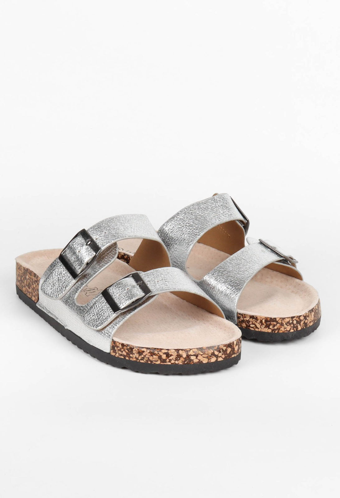 Silver glitter sandals with cork sole on a white background