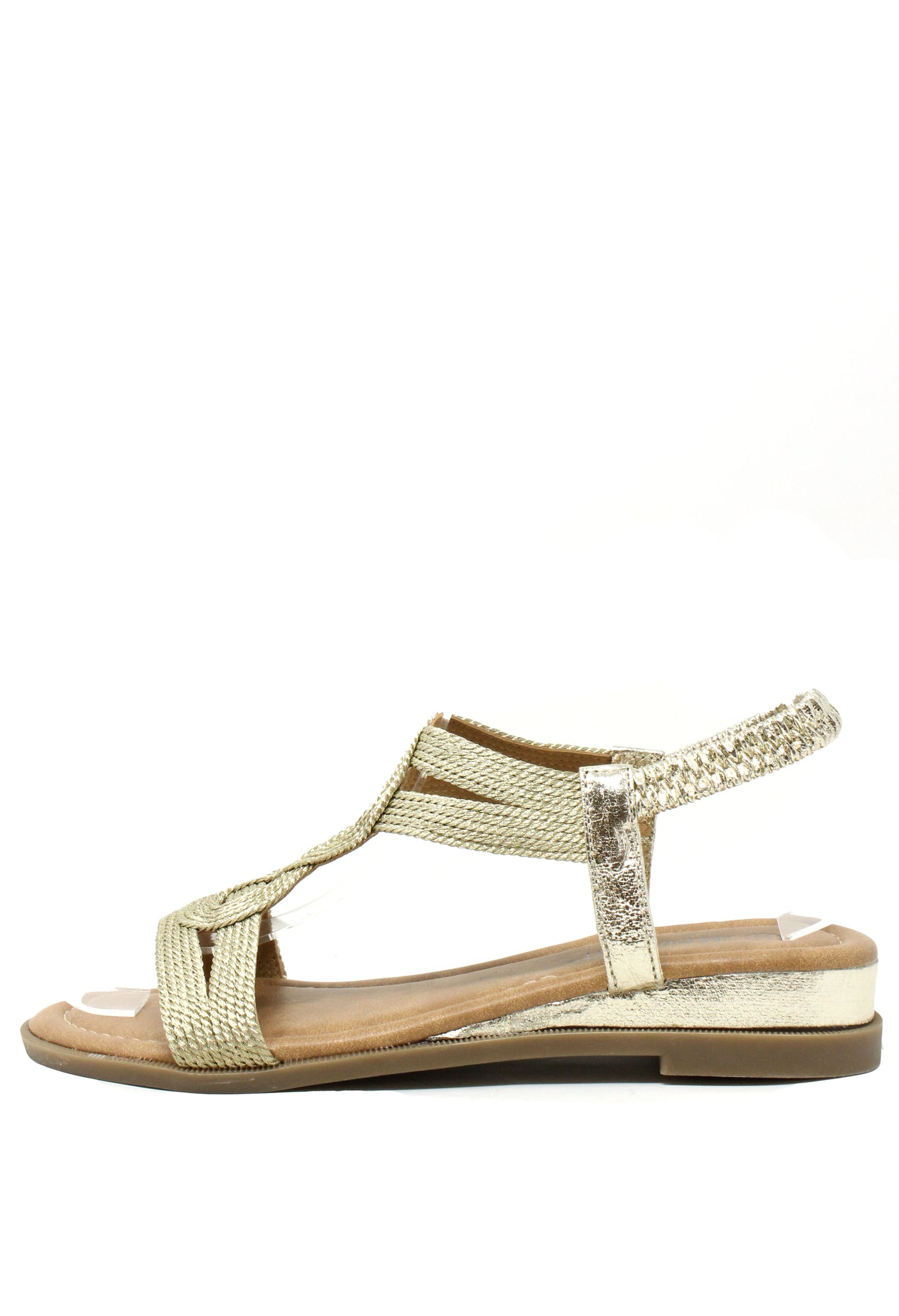 Gold sandal with a strap design on a white background