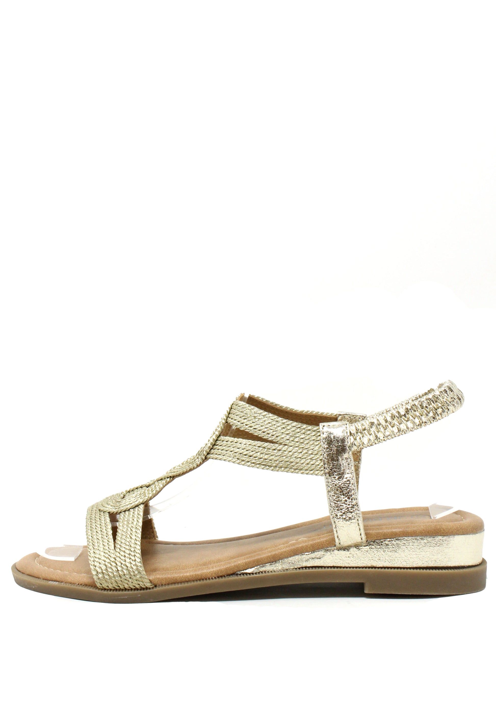 Gold sandal with a strap design on a white background