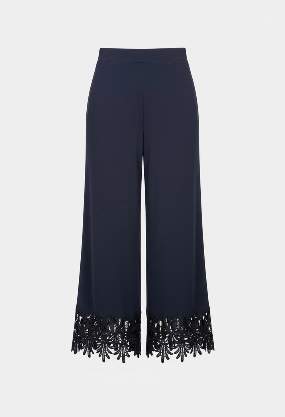 Navy blue pants with black sequin trim on a white background