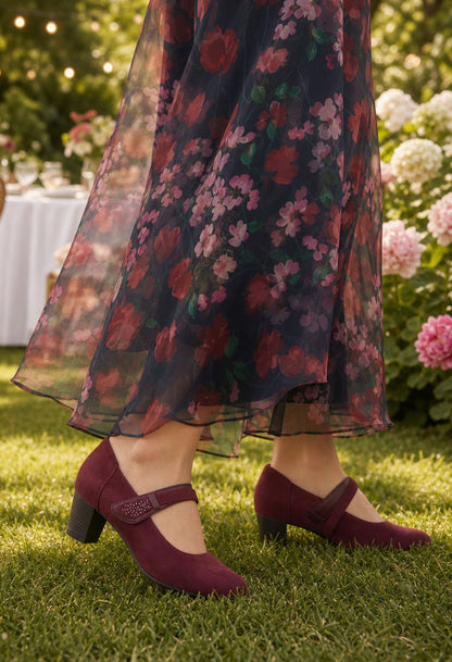 wine colour block heels in a mary jane style dancing shoe