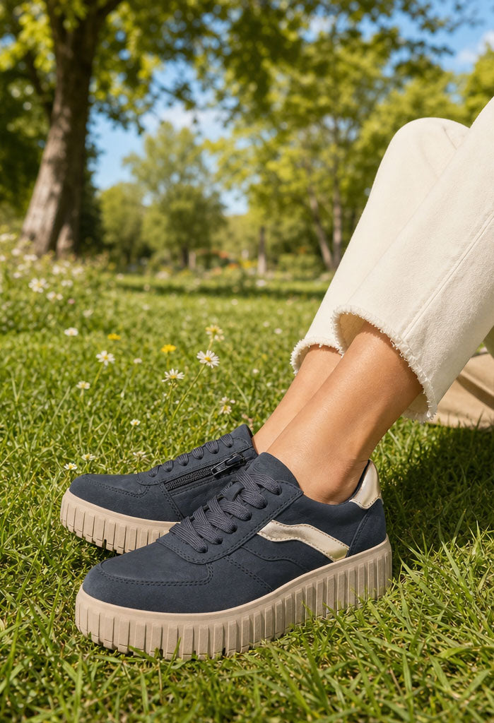 Navy blue sneakers with white soles worn on grass