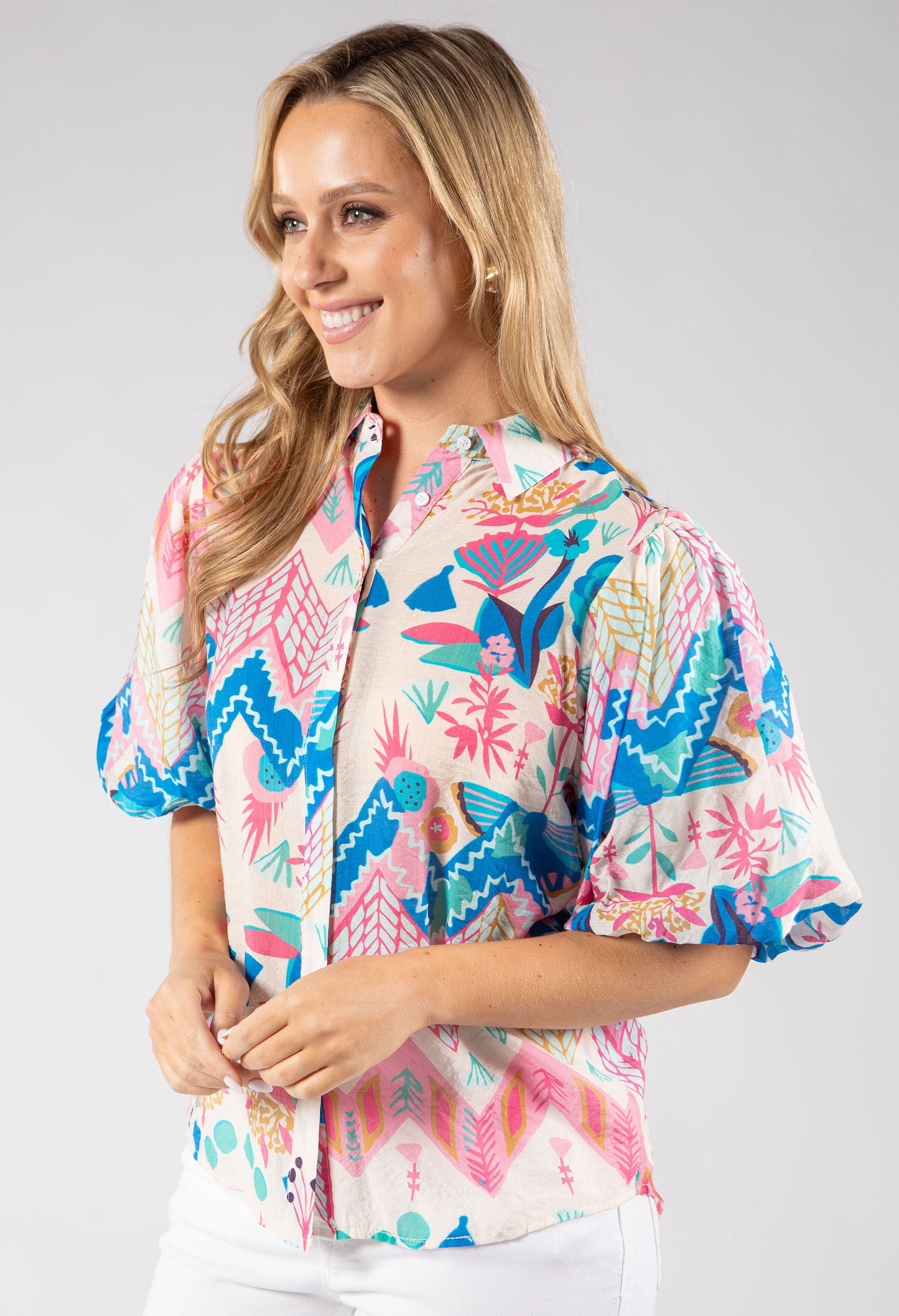 Puff Sleeve Tropical Abstract Print Blouse