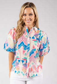 Puff Sleeve Tropical Abstract Print Blouse
